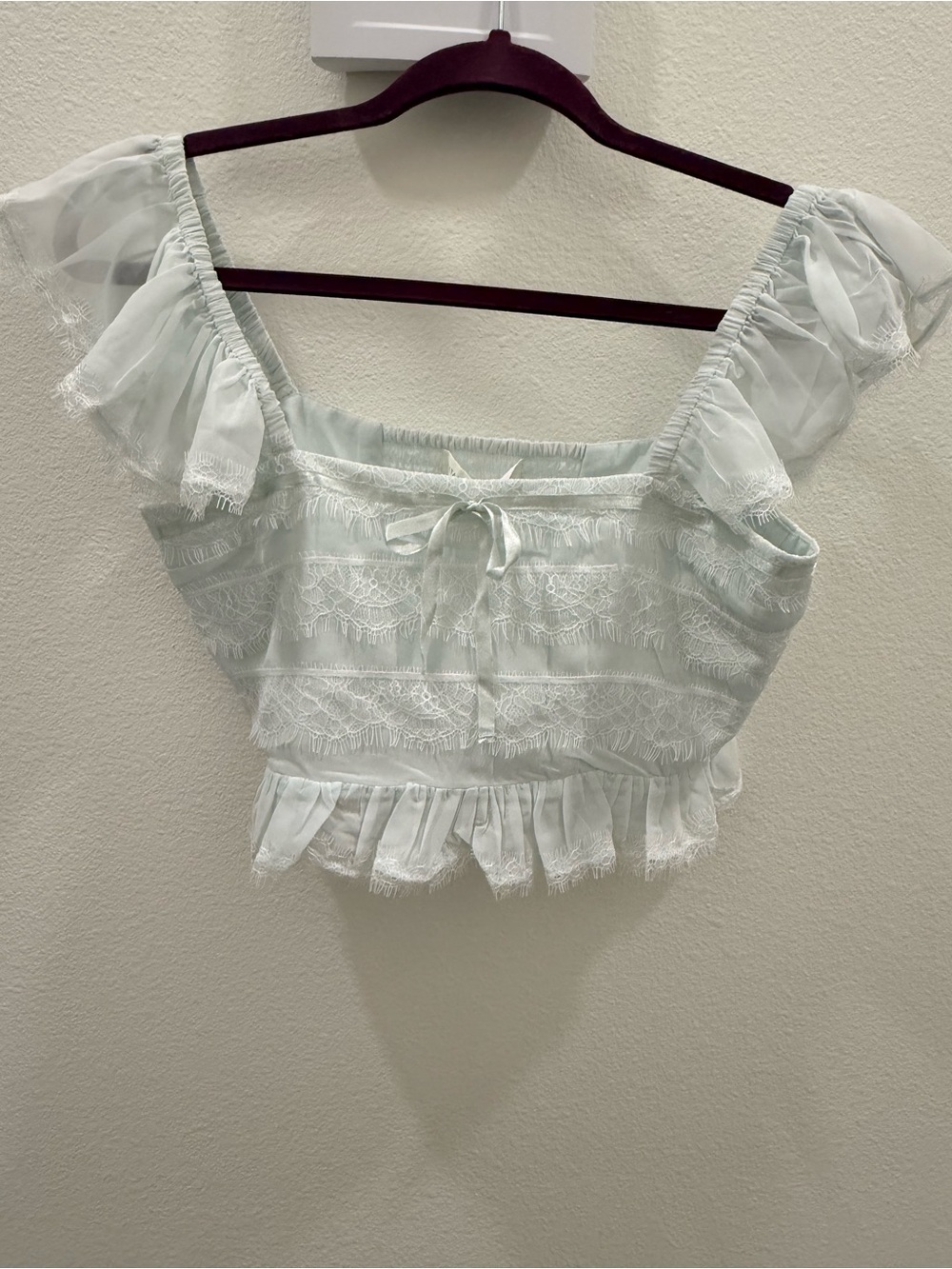 Sky Blue Lace-Trim Crop Top - Charming Off-Shoulder Style
